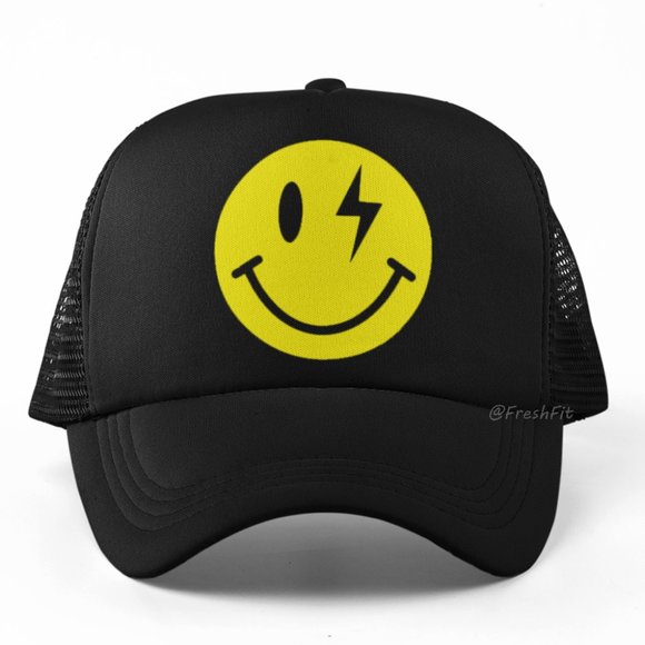 🆕Smiley Face Lightning Bolt Eye Foam Trucker Hat Mesh Snapback Cap Black - Picture 1 of 4